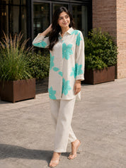 Beige Co-ord Set with Turquoise Floral Embroidery Rayon Flex