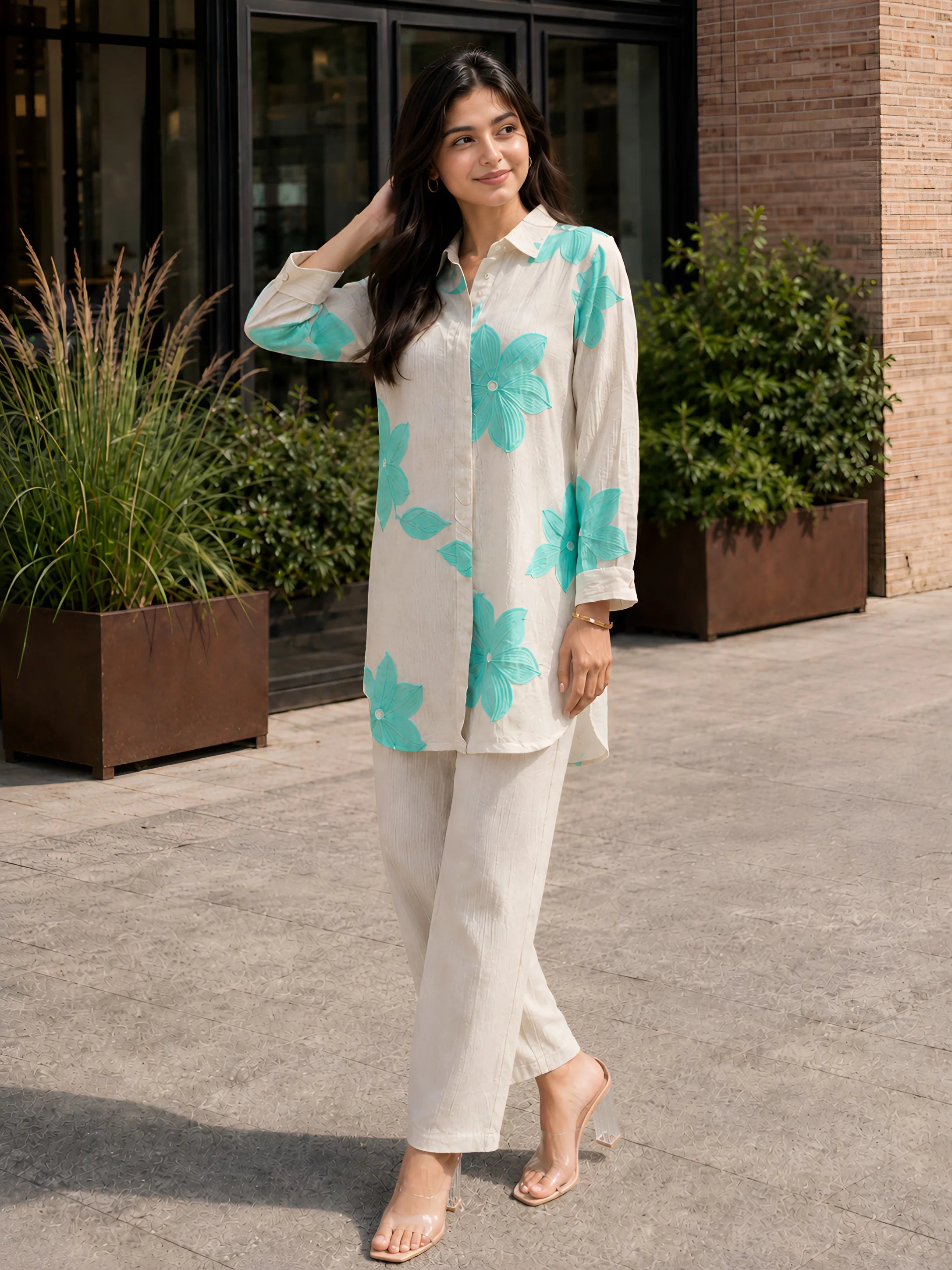 Beige Co-ord Set with Turquoise Floral Embroidery Rayon Flex