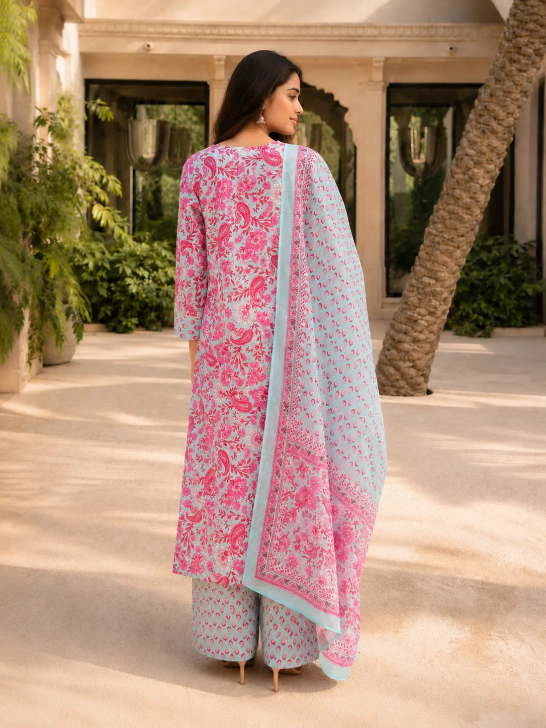 Pink and Blue Floral Jaal Printed Kurta Set with Dupatta in Cotton