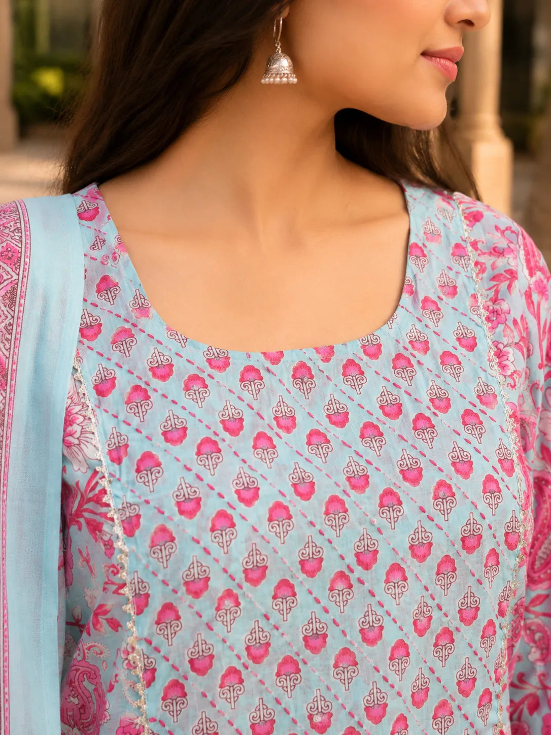 Pink and Blue Floral Jaal Printed Kurta Set with Dupatta in Cotton