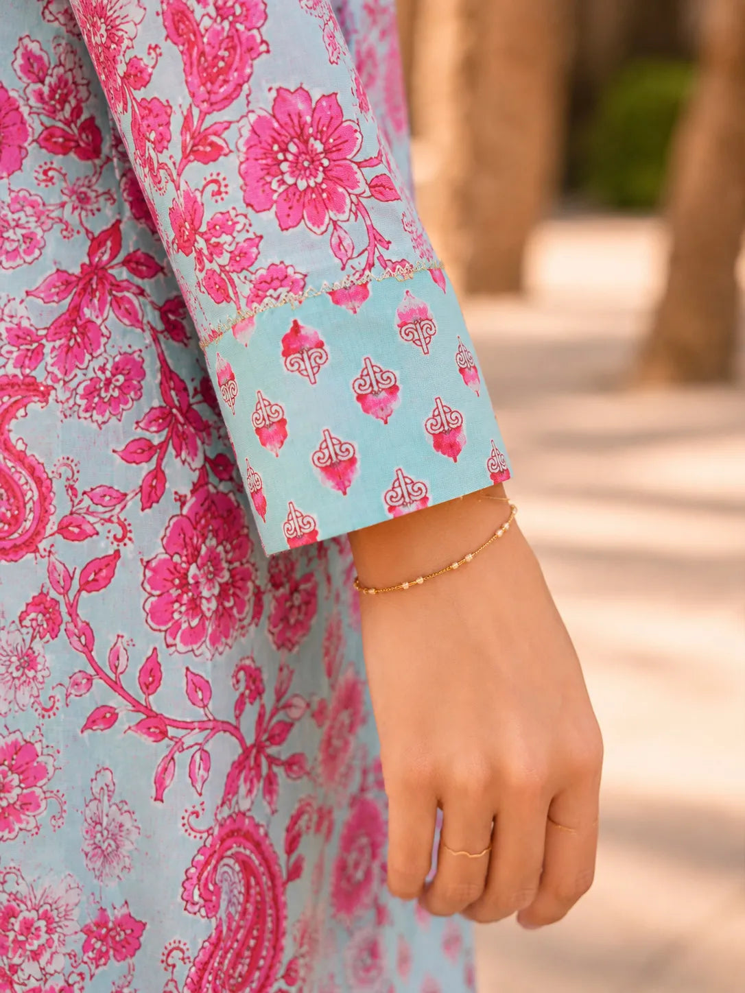 Pink and Blue Floral Jaal Printed Kurta Set with Dupatta in Cotton