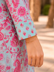 Pink and Blue Floral Jaal Printed Kurta Set with Dupatta in Cotton