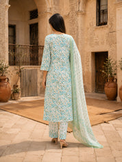 Sky Blue Jaal Printed Kurta Set with Dupatta in Cotton