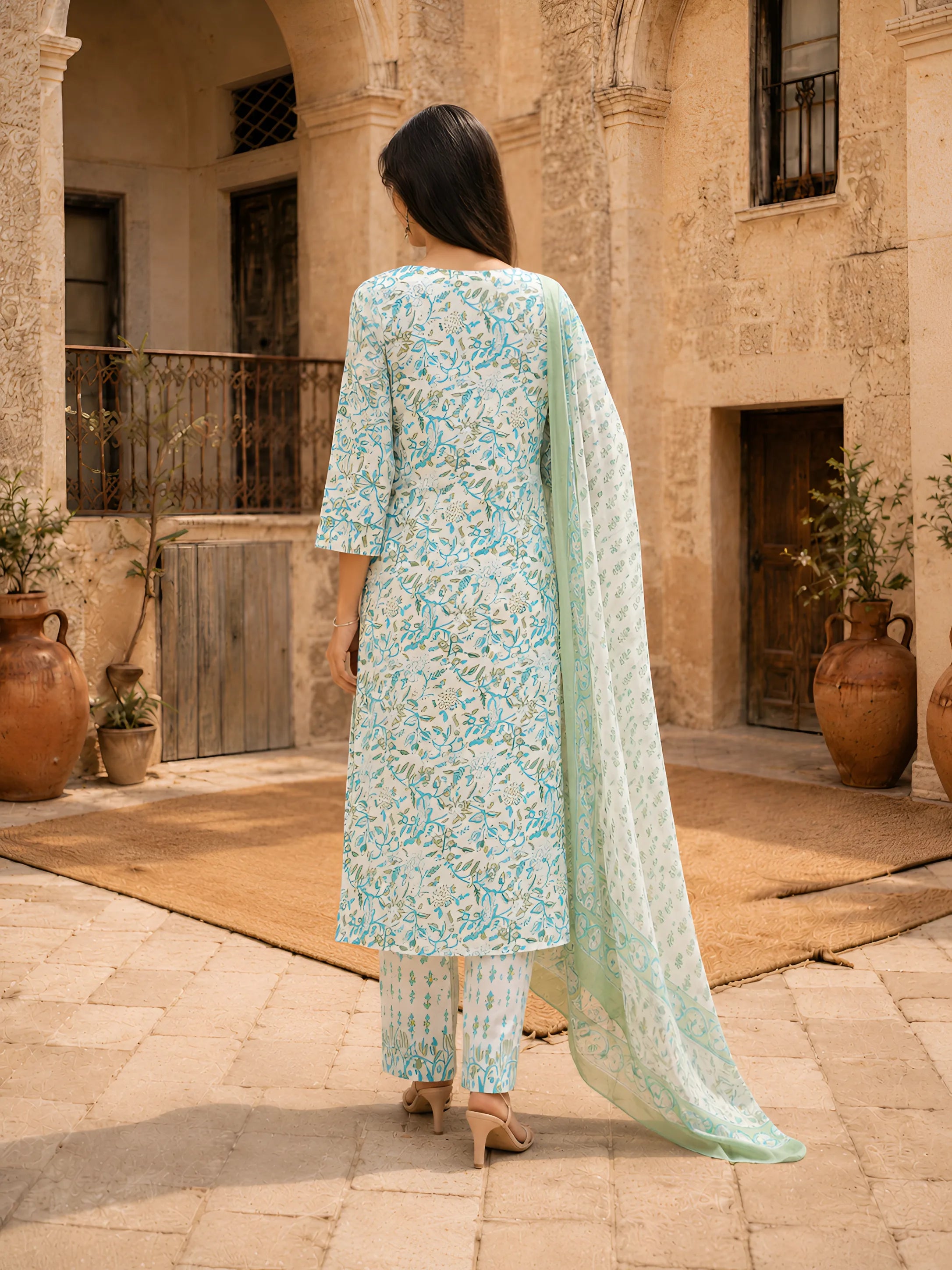 Sky Blue Jaal Printed Kurta Set with Dupatta in Cotton
