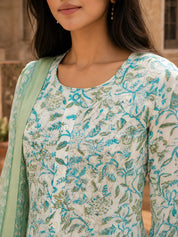 Sky Blue Jaal Printed Kurta Set with Dupatta in Cotton