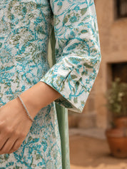 Sky Blue Jaal Printed Kurta Set with Dupatta in Cotton