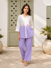 White & Lavender Colour-Block 3 Piece Co-ord Set with Embroidered Yoke