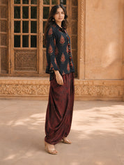 Black & Red Block Print Co-ord Set with Tulip Skirt in Muslin