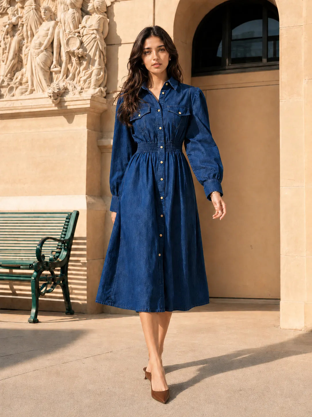 Blue Cotton Denim Midi Dress with Wooden Button