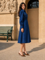 Blue Cotton Denim Midi Dress with Wooden Button