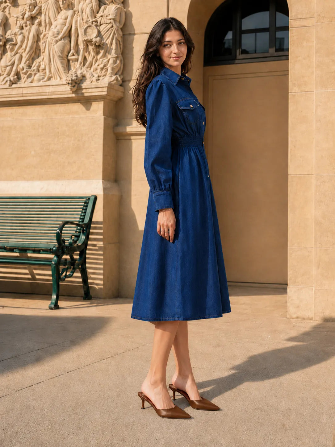 Shop Blue Cotton Denim Midi Dress with Wooden Button