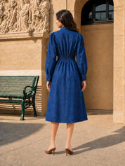 Blue Cotton Denim Midi Dress with Wooden Button