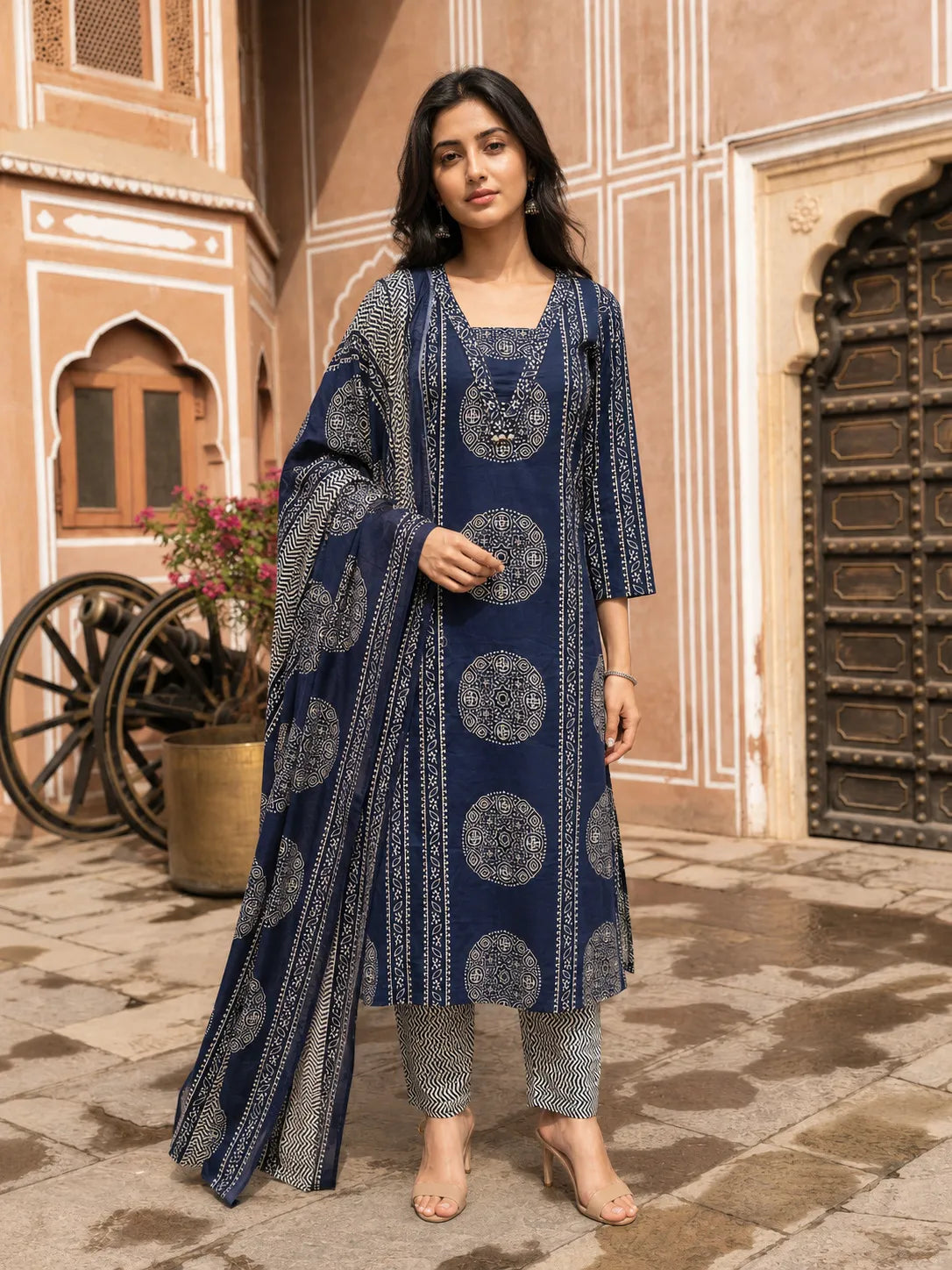 Navy Blue Ajrakh Mandala Block Printed Kurta Set with Dupatta in Cotton