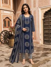 Navy Blue Ajrakh Mandala Block Printed Kurta Set with Dupatta in Cotton
