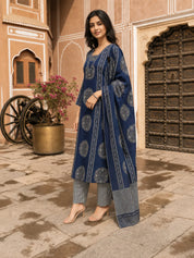 Navy Blue Ajrakh Mandala Block Printed Kurta Set with Dupatta in Cotton