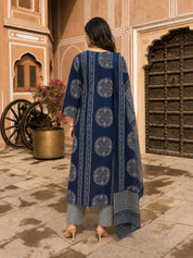 Navy Blue Ajrakh Mandala Block Printed Kurta Set with Dupatta in Cotton