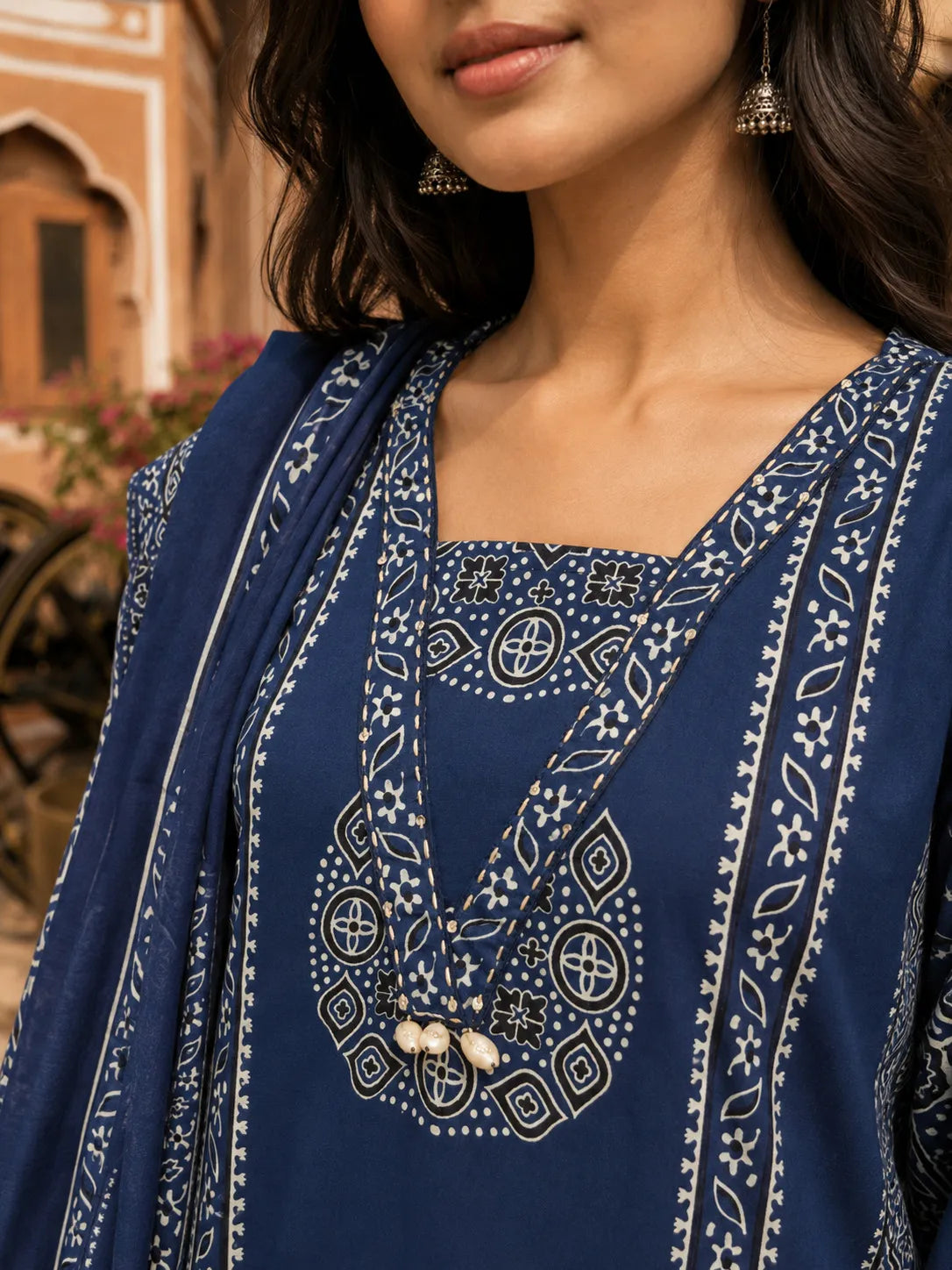 Navy Blue Ajrakh Mandala Block Printed Kurta Set with Dupatta in Cotton
