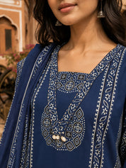 Navy Blue Ajrakh Mandala Block Printed Kurta Set with Dupatta in Cotton