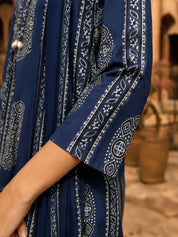 Navy Blue Ajrakh Mandala Block Printed Kurta Set with Dupatta in Cotton