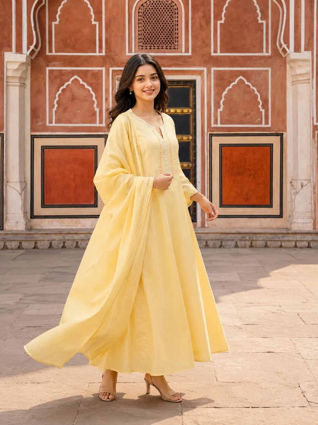 Buttercream Yellow Embroidered Anarkali Set with Dupatta in Soft Mulmul