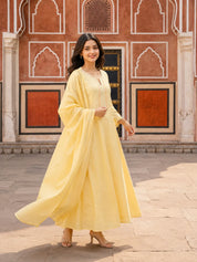 Buttercream Yellow Embroidered Anarkali Set with Dupatta in Soft Mulmul