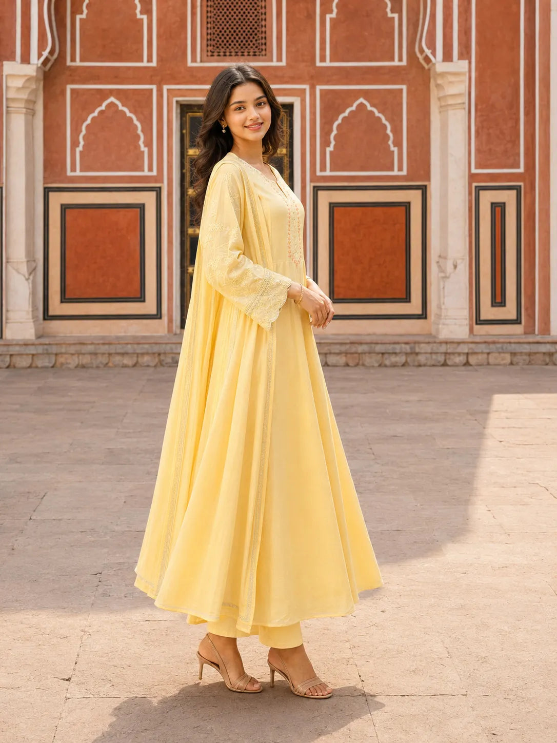 Buttercream Yellow Embroidered Anarkali Set with Dupatta in Soft Mulmul