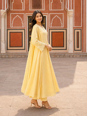 Buttercream Yellow Embroidered Anarkali Set with Dupatta in Soft Mulmul