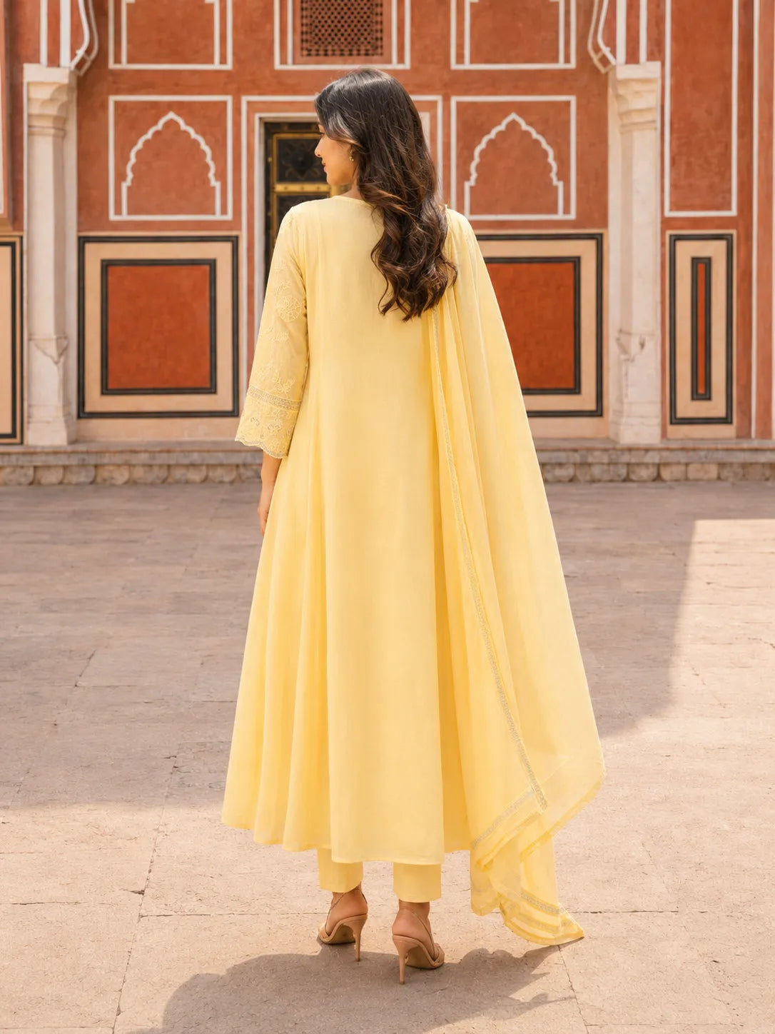 Buttercream Yellow Embroidered Anarkali Set with Dupatta in Soft Mulmul