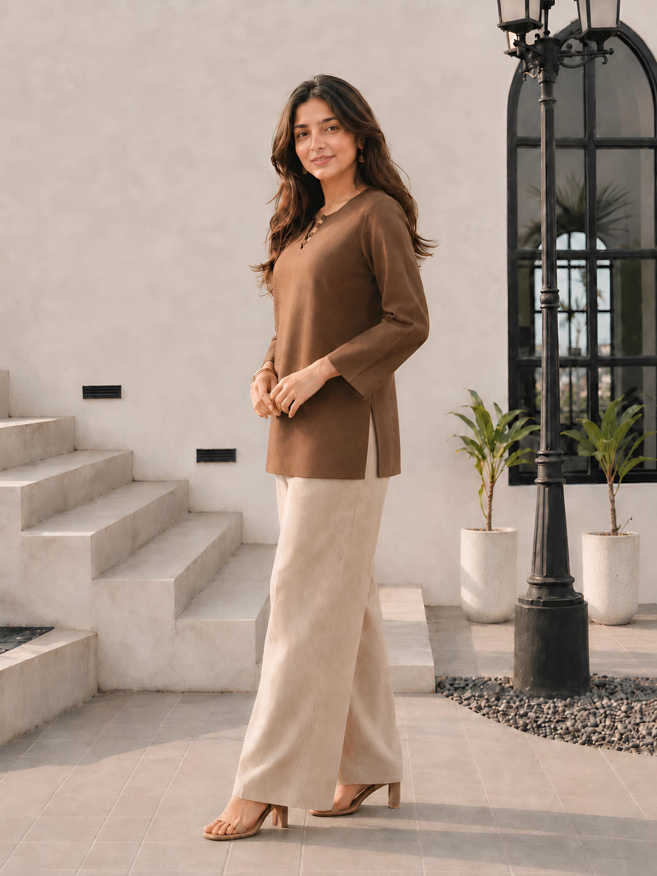 Brown Short Kurti with Wooden Button Detailing in Poly Cotton