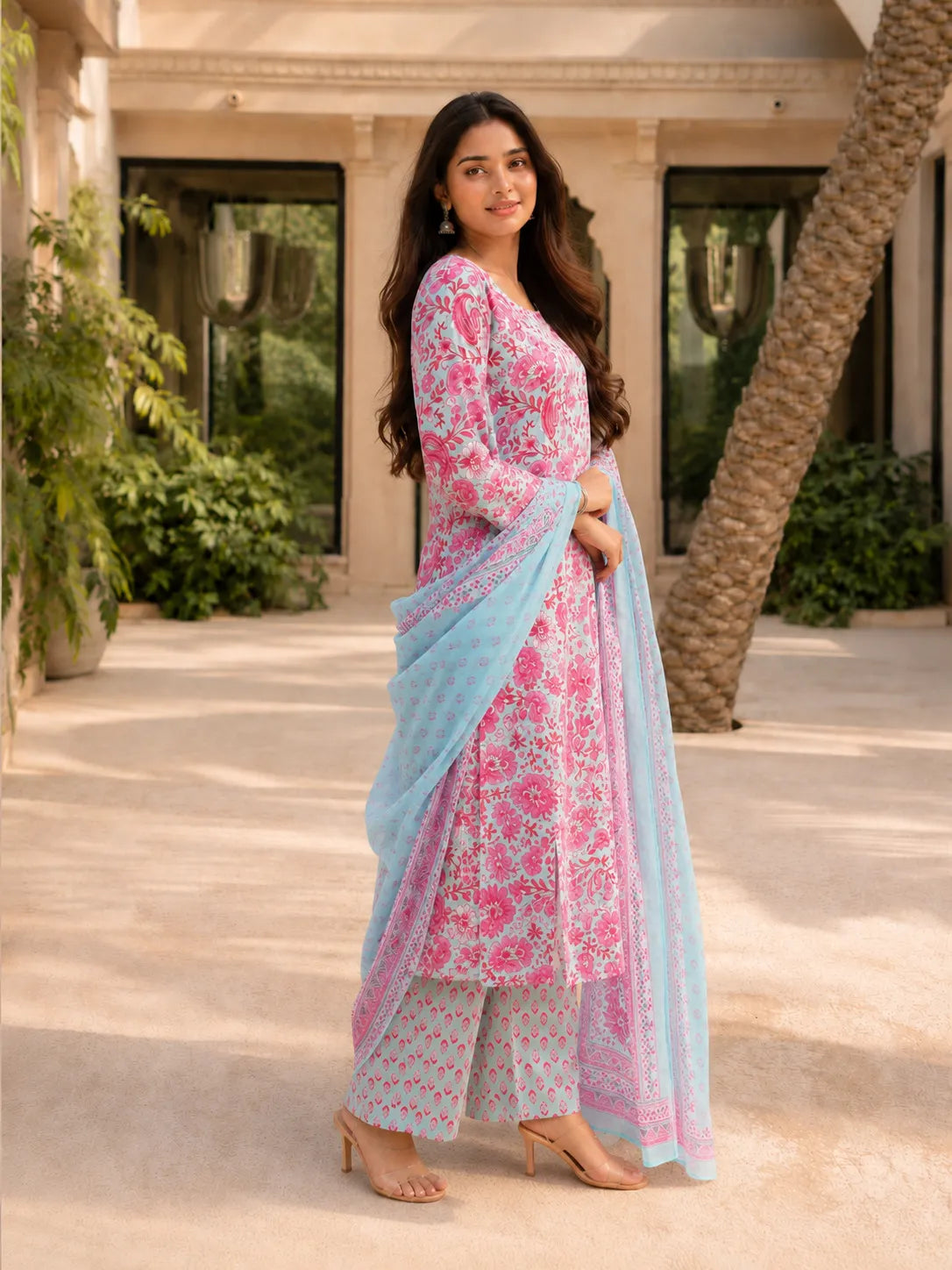 Pink and Blue Floral Jaal Printed Kurta Set with Dupatta in Cotton