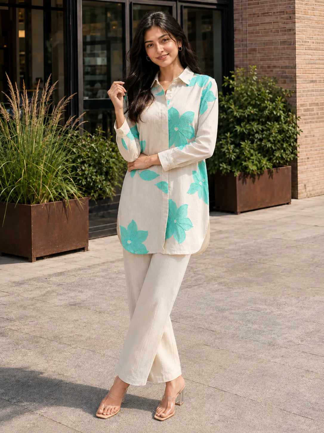 Beige Co-ord Set with Turquoise Floral Embroidery Rayon Flex