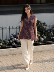 Purple Sleeveless Paisley Floral Buti Printed Short Kurti with Wooden Button in Cotton