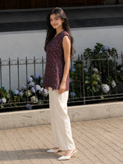 Purple Sleeveless Paisley Floral Buti Printed Short Kurti with Wooden Button in Cotton