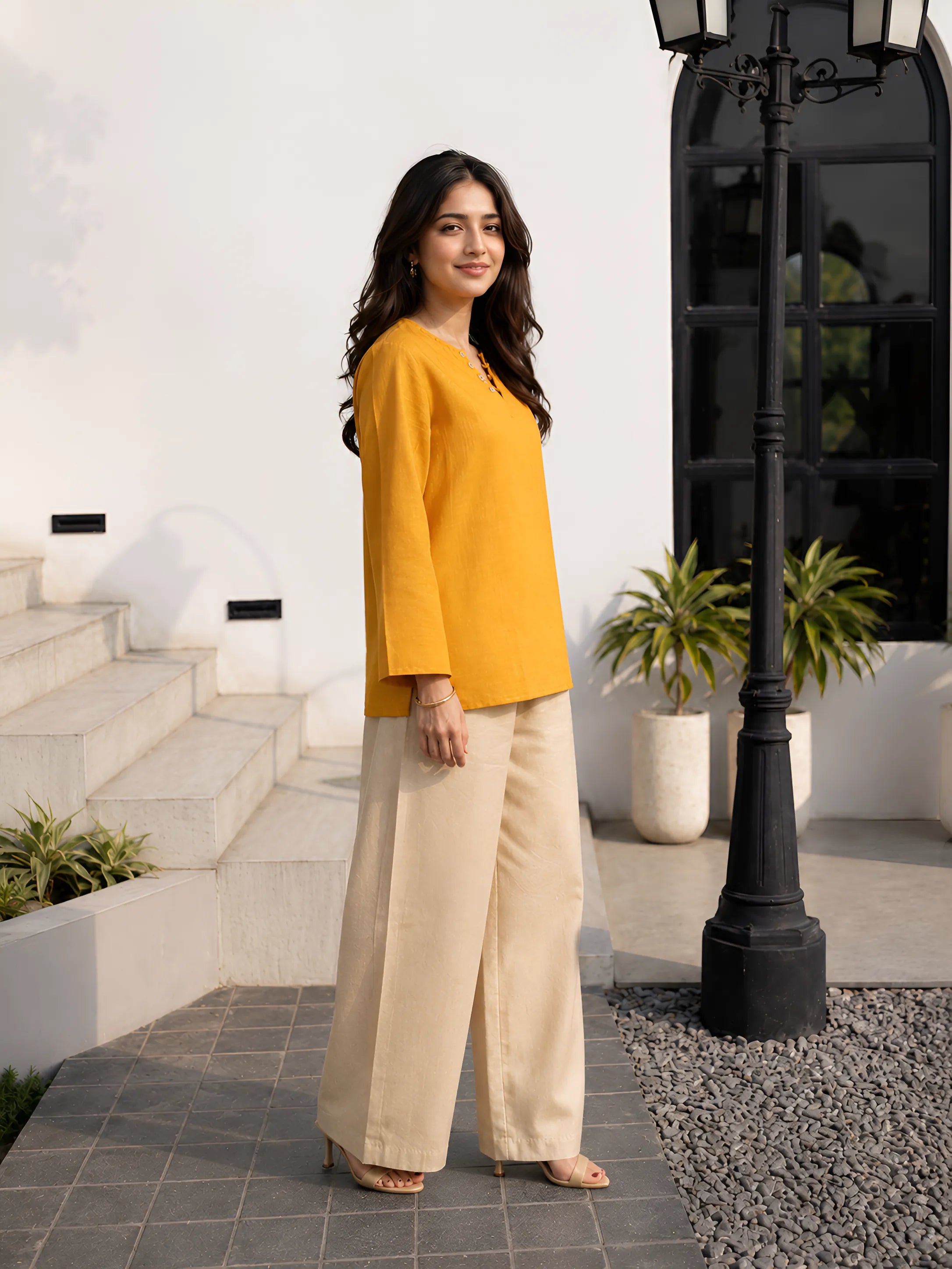 Mustard Yellow Short Kurti with Wooden Button Detailing in Poly Cotton