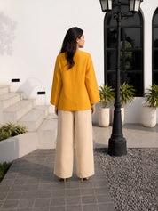 Mustard Yellow Short Kurti with Wooden Button Detailing in Poly Cotton