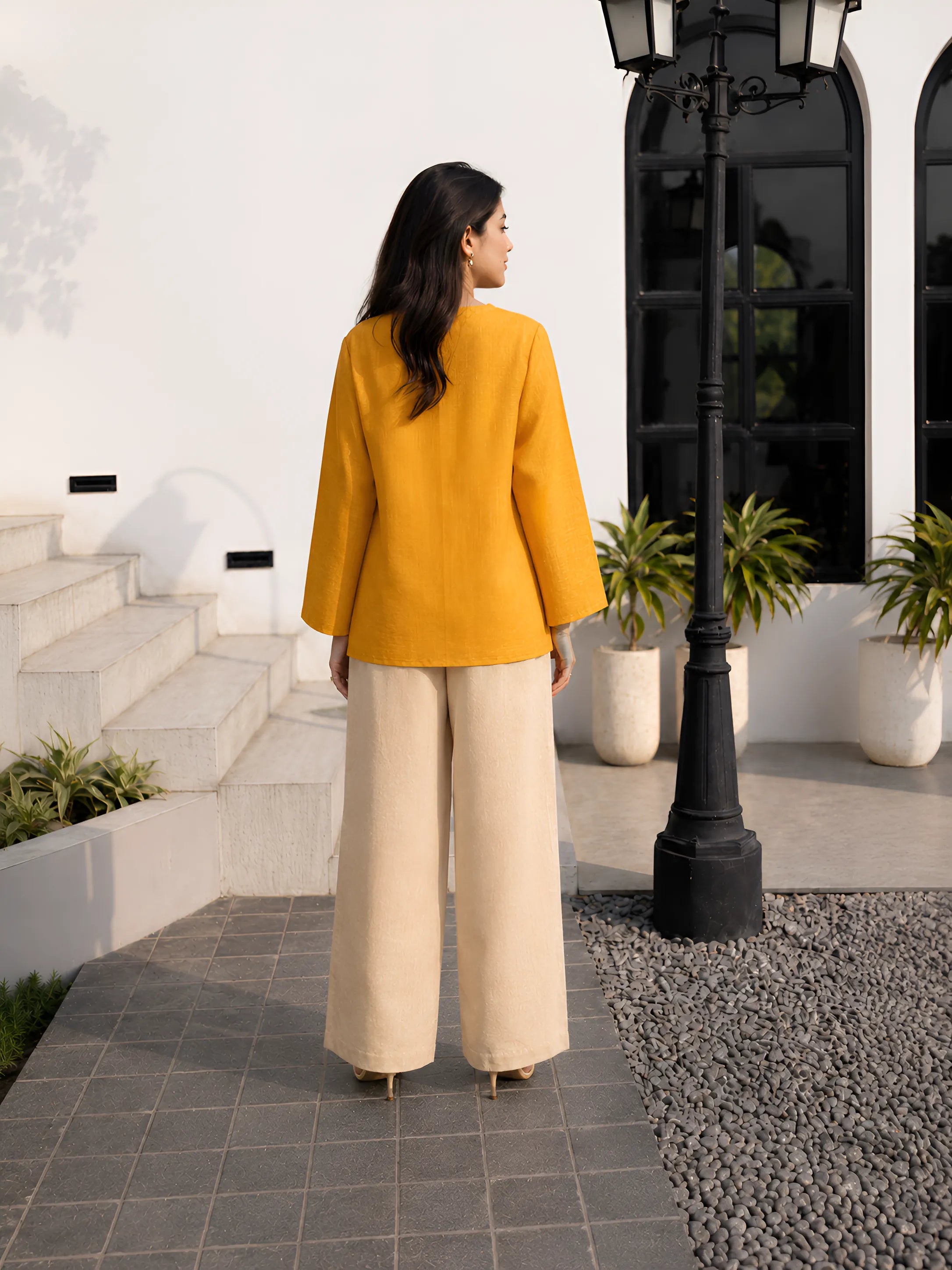 Mustard Yellow Short Kurti with Wooden Button Detailing in Poly Cotton