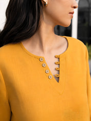 Mustard Yellow Short Kurti with Wooden Button Detailing in Poly Cotton