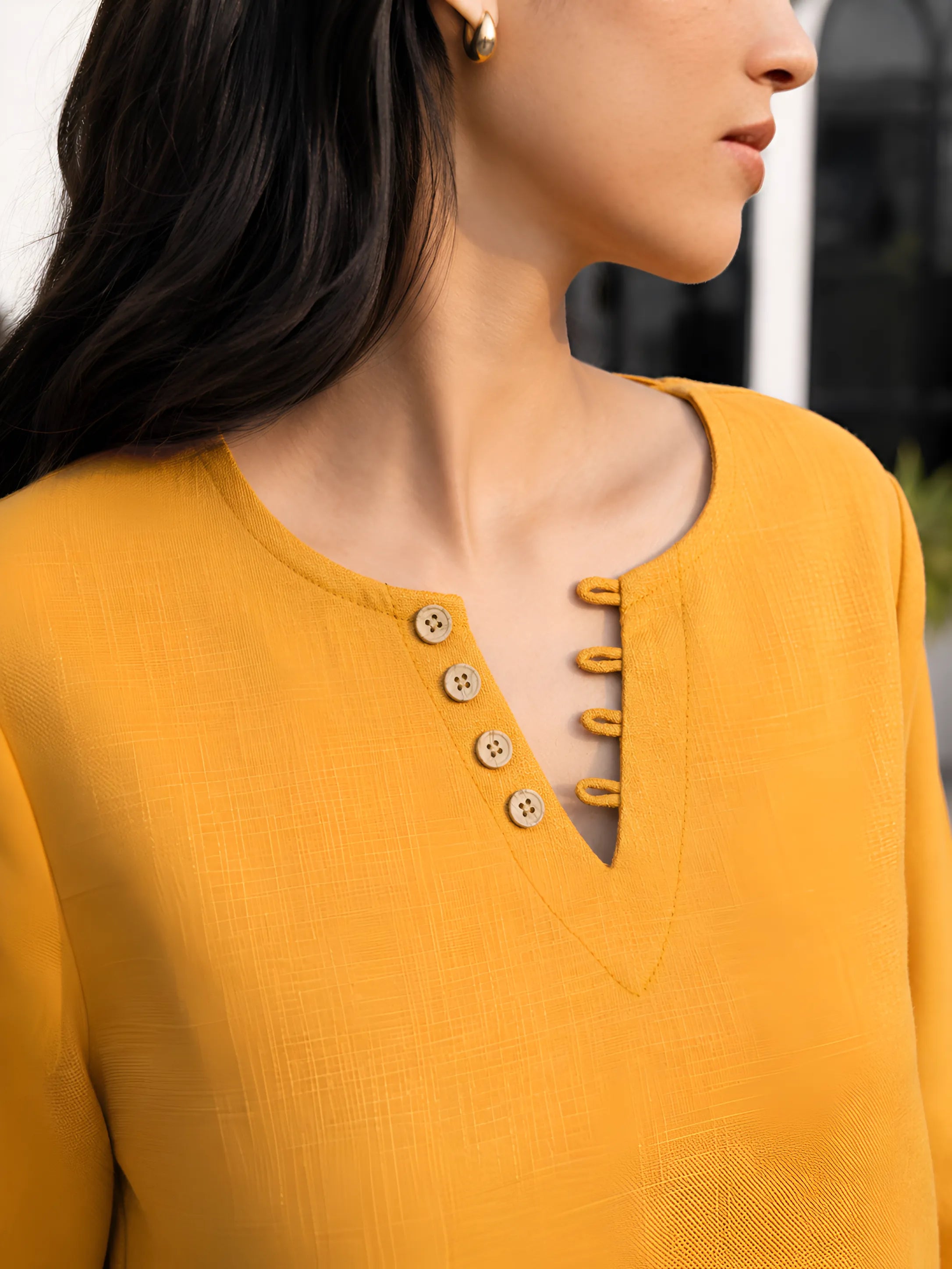 Mustard Yellow Short Kurti with Wooden Button Detailing in Poly Cotton