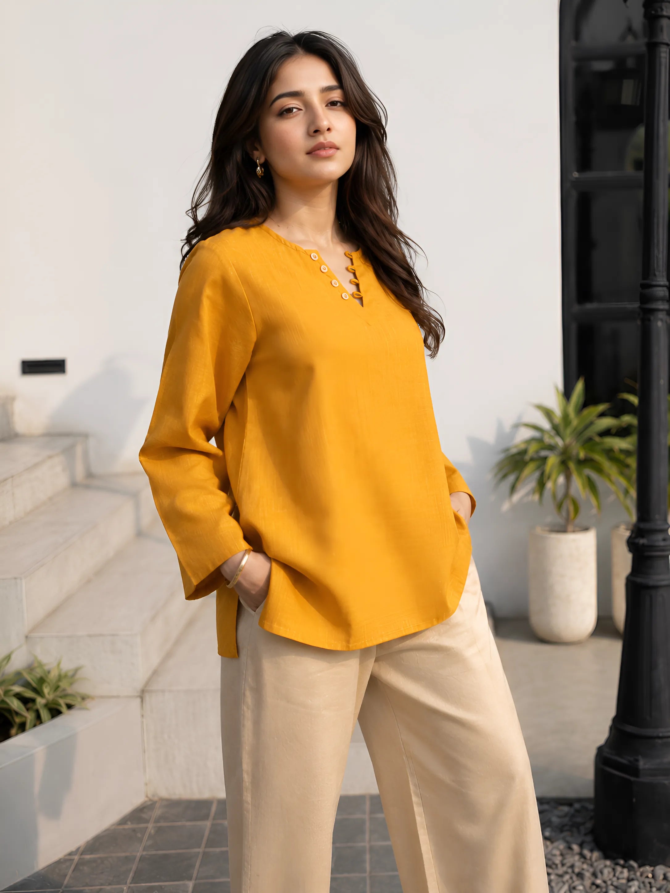 Mustard Yellow Short Kurti with Wooden Button Detailing in Poly Cotton