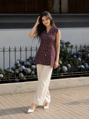 Purple Sleeveless Paisley Floral Buti Printed Short Kurti with Wooden Button in Cotton