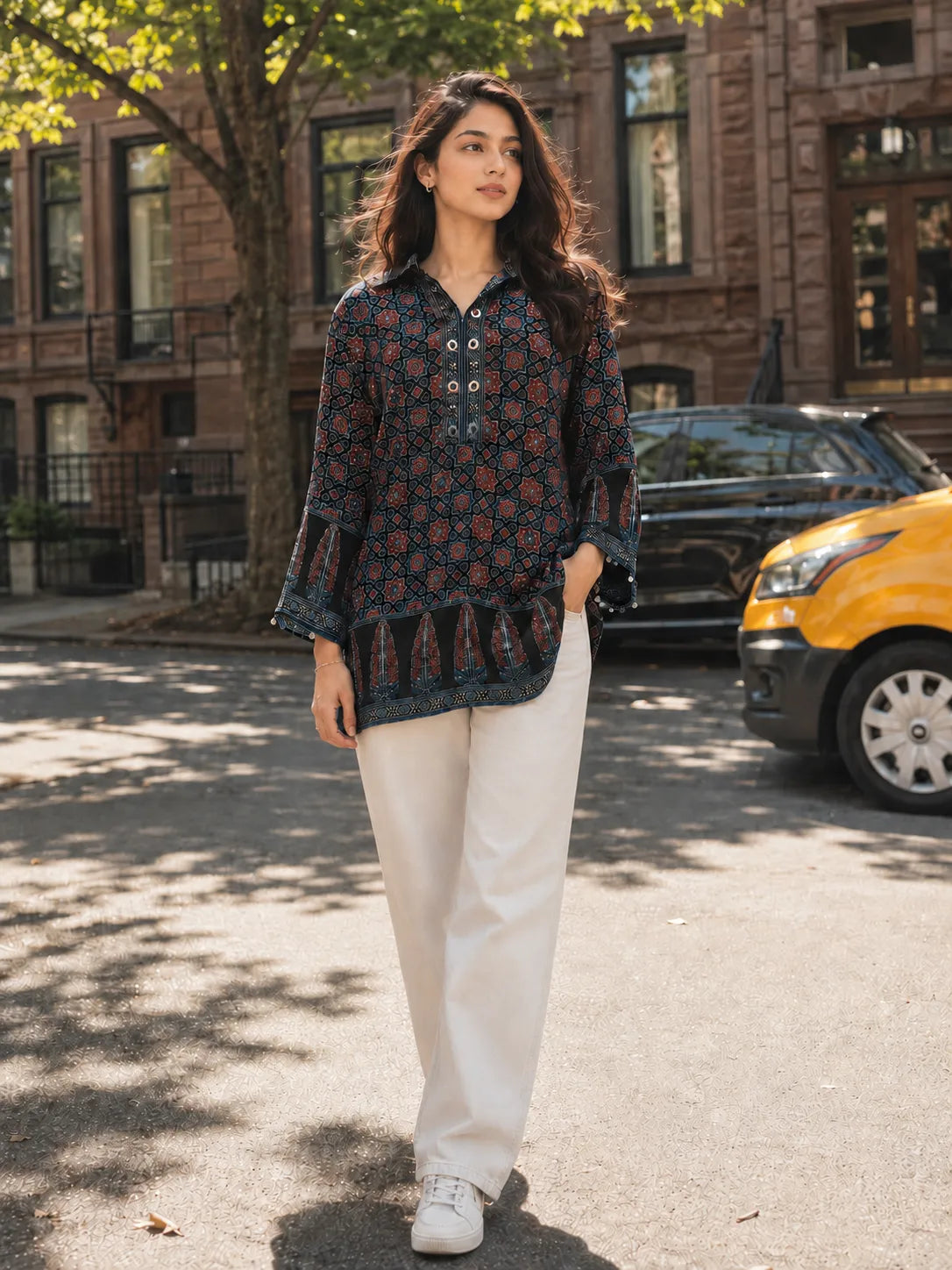 Black Ajrakh Printed Short Kurti with Metal Embellishment in Crepe