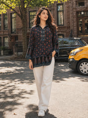 Black Ajrakh Printed Short Kurti with Metal Embellishment in Crepe