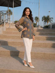 Dusty Olive and Brown Ajrakh Printed Shirt in Crepe