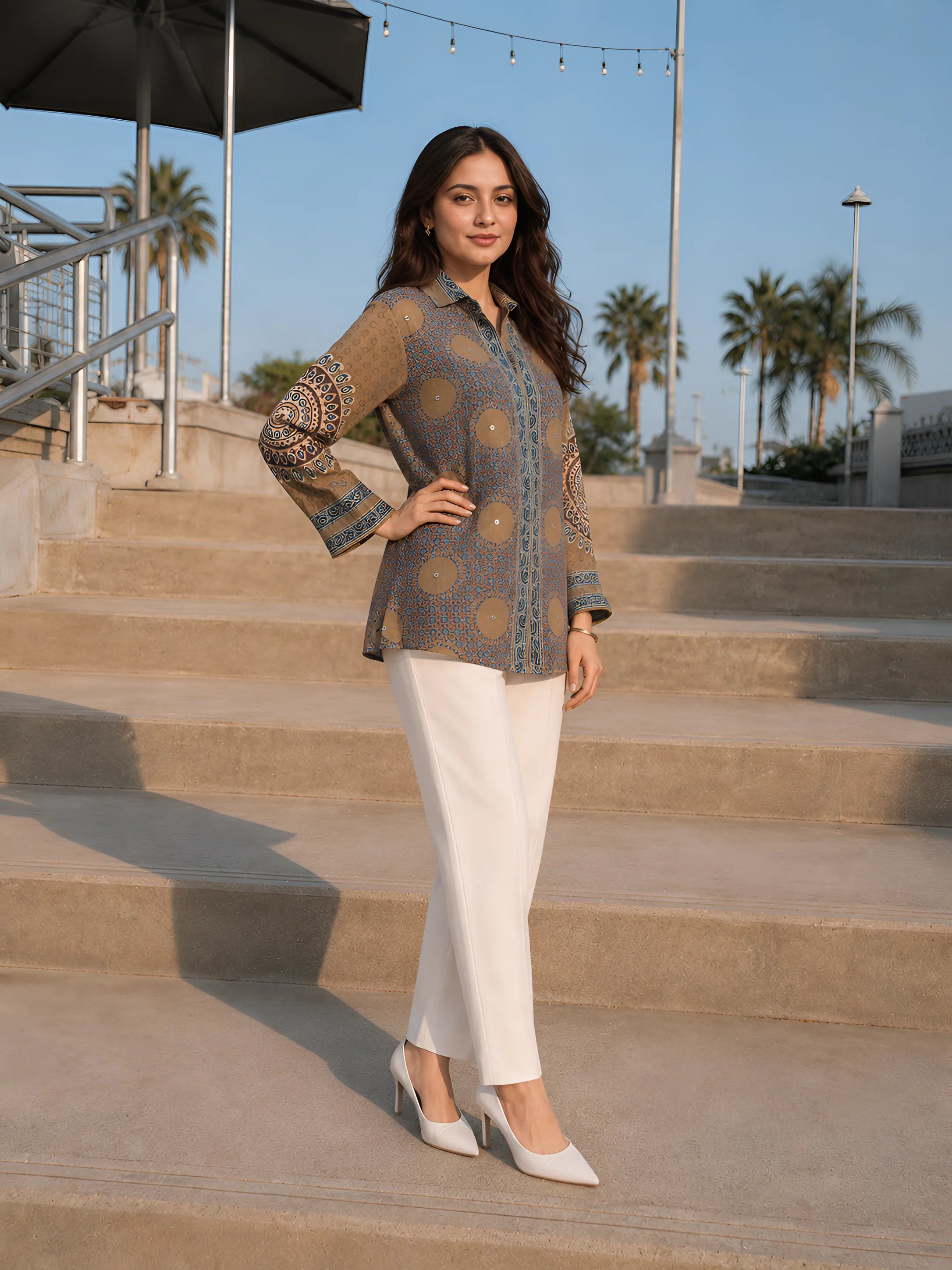 Dusty Olive and Brown Ajrakh Printed Shirt in Crepe