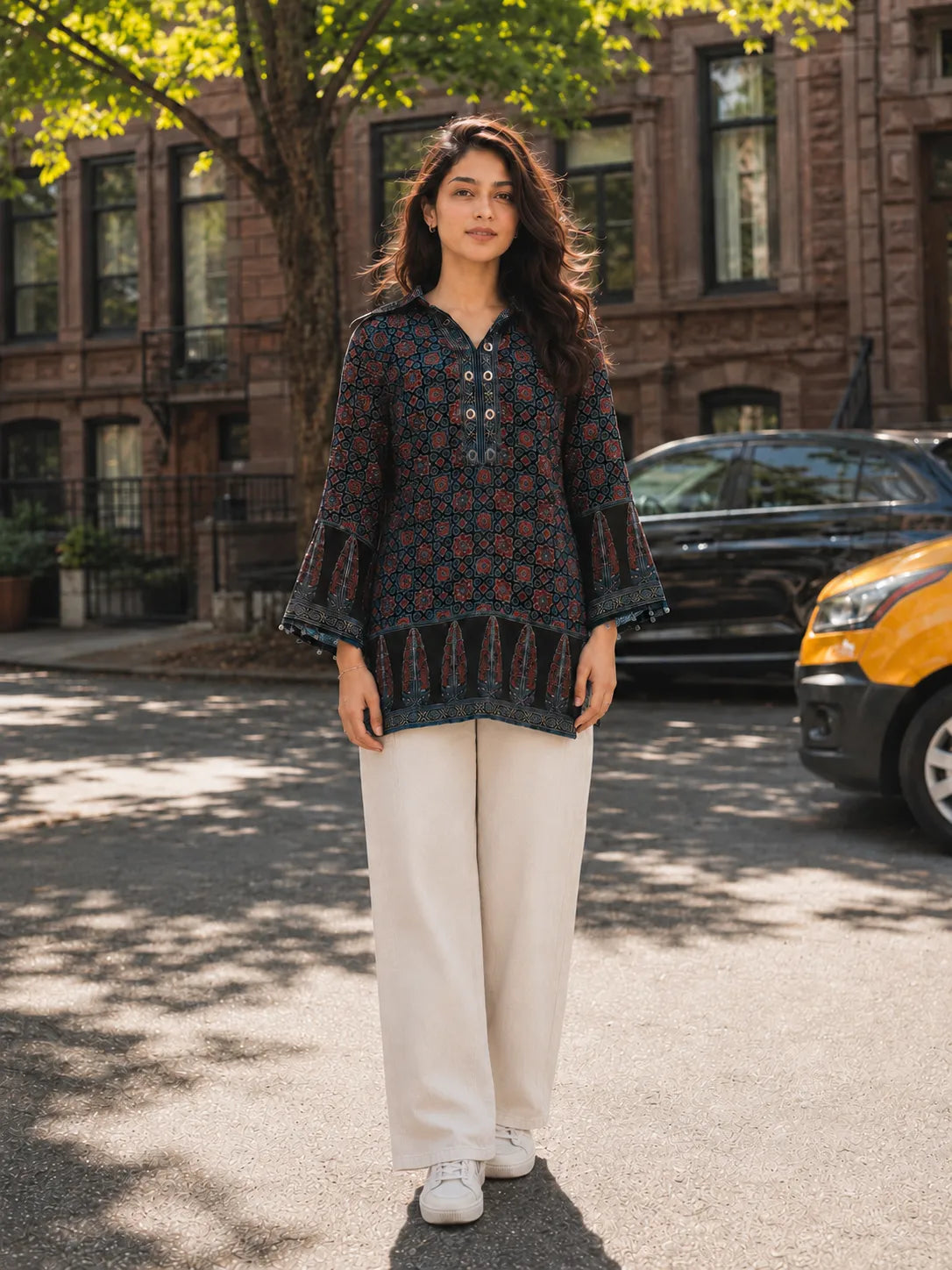 Black Ajrakh Printed Short Kurti with Metal Embellishment in Crepe