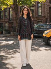 Black Ajrakh Printed Short Kurti with Metal Embellishment in Crepe