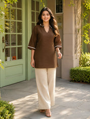 Brown Short Kurti with Ricrac Lace in Poly Cotton