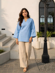 Blue Short Kurti with Wooden Button Detailing in Poly Cotton