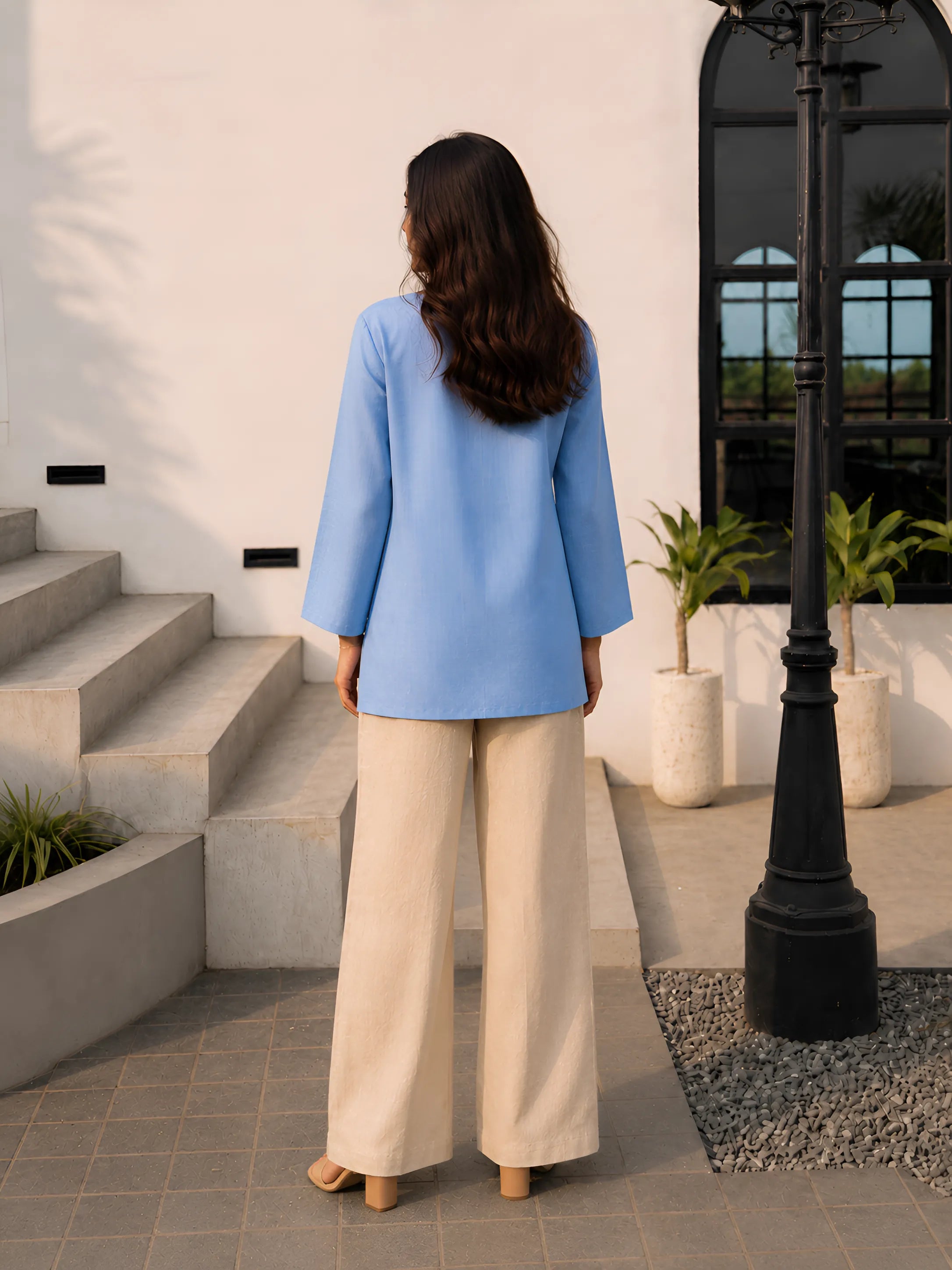 Blue Short Kurti with Wooden Button Detailing in Poly Cotton