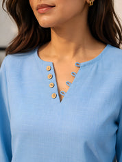 Blue Short Kurti with Wooden Button Detailing in Poly Cotton